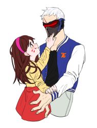 Rule 34 | 1girl, aged down, bad id, bad twitter id, brown eyes, brown hair, child, collarbone, covered mouth, cropped legs, d.va (overwatch), facepaint, facial mark, fatherly, fingernails, grin, hairband, hand on another&#039;s face, jacket, letterman jacket, long hair, long sleeves, mask, no legs, overwatch, overwatch 1, profile, scar, scar across eye, scar on face, shirt, short hair, simple background, skirt, smile, soldier: 76 (overwatch), visor, whisker markings, white background, white hair