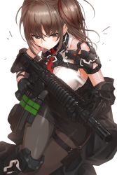 Rule 34 | 1girl, assault rifle, black pantyhose, breasts, brown eyes, brown hair, closed mouth, gloves, gun, holster, jacket, kfr, knee pads, long hair, looking at viewer, medium breasts, military, off shoulder, open clothes, open jacket, original, pantyhose, rifle, side ponytail, skirt, solo, thigh holster, weapon, white background