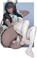 Rule 34 | 1girl, absurdres, apron, bad id, bad pixiv id, blue archive, blue neckwear, censored, clothes pull, dark-skinned female, dark skin, feet, female pubic hair, gloves, highres, iuui, karin (blue archive), maid, maid headdress, no panties, open mouth, pantyhose, pantyhose pull, peeing, pubic hair, puffy short sleeves, puffy sleeves, pussy, pussy juice, pussy juice drip, pussy juice trail, short sleeves, soles, solo, toes, white apron, white gloves, white pantyhose, yellow eyes