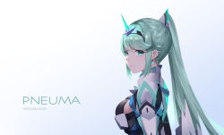 Rule 34 | 1girl, absurdres, aqua background, armor, blush, breasts, character name, closed mouth, copyright name, earrings, evan (pixiv7510743), from side, gradient background, hairband, high ponytail, highres, horns, jewelry, large breasts, long hair, looking at viewer, looking to the side, pneuma (xenoblade), revision, sidelocks, smile, solo, spoilers, swept bangs, upper body, white background, xenoblade chronicles (series), xenoblade chronicles 2