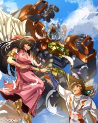 Rule 34 | 1boy, 1girl, absurdres, artist name, barefoot sandals (jewelry), black eyes, black hair, blue gloves, blurry, blurry background, breasts, brown hair, cleavage, clenched hand, cloud, commentary, daimos, english commentary, erika (daimos), feathers, gao ex kaiser, gloves, hairband, highres, long hair, looking up, mecha, medium breasts, orange eyes, pilot suit, pink hairband, robot, ryuuzaki kazuya, sky, smile, super robot, toushou daimos