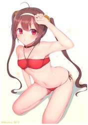 Rule 34 | 1girl, ahoge, armpits, arms up, azur lane, bare shoulders, bent over, bikini, blunt bangs, brown hair, choker, collarbone, commentary request, hair between eyes, hair tubes, hand on own head, highres, long hair, looking at viewer, midriff, navel, official alternate costume, ping hai (azur lane), ping hai (summer vacation) (azur lane), red bikini, red eyes, side-tie bikini bottom, sidelocks, sitting, solo, spaghetti strap, strapless, swimsuit, tube top, twintails, wariza, wata neo, white background