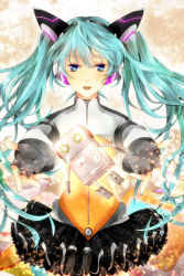 Rule 34 | 1girl, aqua eyes, aqua hair, fingerless gloves, gloves, hatsune miku, kyashii (a3yu9mi), long hair, looking at viewer, odds &amp; ends (vocaloid), open mouth, project diva (series), project diva f, robot, solo, twintails, very long hair, vocaloid