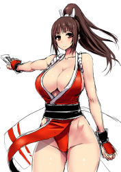 Rule 34 | 1girl, blush, breasts, brown eyes, brown hair, cleavage, folded fan, hand fan, fatal fury, female focus, folding fan, groin, highleg, highleg panties, ishimiso (ishimura), japanese clothes, large breasts, long hair, no bra, panties, pelvic curtain, ponytail, revealing clothes, shiranui mai, snk, solo, the king of fighters, underwear