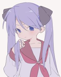 Rule 34 | 1girl, angry, blue eyes, blush, collarbone, hair ribbon, highres, hiiragi kagami, holding own hair, long hair, long sleeves, looking at viewer, lucky star, neckerchief, nial, purple hair, red neckerchief, ribbon, ryouou school uniform, sailor collar, school uniform, serafuku, sleeve cuffs, solo, twintails, white background