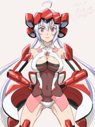 Rule 34 | 10s, 1girl, ahoge, body armor, breasts, character name, cleavage, copyright name, covered navel, gluteal fold, hands on own hips, headgear, large breasts, legs apart, leotard, long twintails, purple eyes, senki zesshou symphogear, silver hair, sketch, solo, uotarou (water-tank-60cm), white background, wide stance, yukine chris
