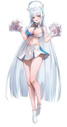Rule 34 | 1girl, absurdly long hair, alternate costume, animal ears, animal hands, bare arms, bare legs, bare shoulders, blue archive, boots, breasts, cat ears, cat girl, cheerleader, cleavage, collared shirt, commentary request, crop top, fang, full body, gloves, groin, hands up, highres, large breasts, long hair, looking at viewer, midriff, millennium cheerleader outfit (blue archive), miniskirt, navel, noa (blue archive), open mouth, paw gloves, pleated skirt, purple eyes, shirt, shuvi (shuvi1125), skirt, sleeveless, sleeveless shirt, smile, solo, standing, stomach, thighs, two-tone shirt, very long hair, white footwear, white hair, white shirt, white skirt