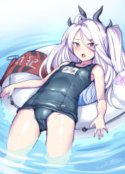 Rule 34 | 1girl, ahoge, blue archive, blush, bosshi, collarbone, covered navel, hair between eyes, hair ornament, hairclip, highres, hina (blue archive), hina (swimsuit) (blue archive), horns, innertube, long hair, looking at viewer, lying, on back, open mouth, purple eyes, school swimsuit, solo, swim ring, swimsuit, water, white hair