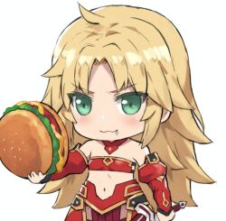 Rule 34 | 1girl, :3, blonde hair, breasts, burger, fate/apocrypha, fate (series), food, green eyes, hair down, highres, holding, juliet sleeves, long hair, long sleeves, looking at viewer, mordred (fate), mordred (fate/apocrypha), navel, pelvic curtain, puffy sleeves, saliva, simple background, small breasts, smile, solo, strapless, tonee, tube top, very long hair, white background