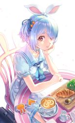 Rule 34 | 1girl, absurdres, arm rest, blue hair, blue neckerchief, blue ribbon, carrot hair ornament, chair, choker, closed mouth, commentary request, cup, food, food-themed hair ornament, glass table, hair ornament, hair over one eye, hair ribbon, hand on own chin, head rest, highres, hololive, latte art, looking at viewer, masayuki kondo, multicolored hair, neckerchief, on chair, one side up, puffy short sleeves, puffy sleeves, red eyes, ribbon, sailor collar, saucer, shirt, short hair, short sleeves, sitting, skirt, smile, solo, spoon, streaked hair, table, thick eyebrows, usada pekora, usada pekora (casual), virtual youtuber, white choker, white hair, white sailor collar, white shirt, white skirt