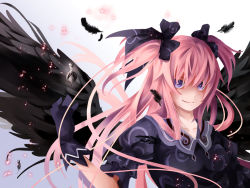 Rule 34 | 10s, 1girl, bad id, bad pixiv id, black wings, bow, feathers, grief seed, hair bow, iceky, kaname madoka, kriemhild gretchen, long hair, mahou shoujo madoka magica, mahou shoujo madoka magica (anime), personification, pink hair, purple eyes, smile, solo, spoilers, ultimate madoka, wings