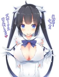 Rule 34 | 10s, 1girl, arm ribbon, bad id, bad twitter id, bare shoulders, black hair, blue eyes, bow, breasts, cleavage, cleavage cutout, clothing cutout, covered erect nipples, covered navel, dress, dungeon ni deai wo motomeru no wa machigatteiru darou ka, gloves, hair ornament, hair ribbon, hands up, heart, hestia (danmachi), highres, inactive account, large breasts, long hair, looking at viewer, mentei yakuna, open mouth, rei no himo, ribbon, see-through, short dress, sleeveless, sleeveless dress, smile, solo, twintails, white dress, white gloves
