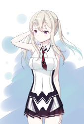 Rule 34 | 10s, 1girl, adapted costume, arm behind back, arm behind head, arm up, armpits, bad id, bad pixiv id, bare arms, bare shoulders, blonde hair, blush, breasts, closed mouth, cnm, dress, expressionless, graf zeppelin (kancolle), kantai collection, large breasts, legs apart, long hair, looking at viewer, looking to the side, purple eyes, short dress, sidelocks, sleeveless, sleeveless dress, solo, standing, tsurime, twintails, white dress