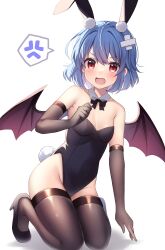 Rule 34 | 1girl, absurdres, alternate costume, anger vein, angry, animal ears, arm at side, armpit crease, bandaid, bandaid on head, bare shoulders, bat wings, black bow, black bowtie, black footwear, black gloves, black leotard, black thighhighs, blue hair, blush, bow, bowtie, breasts, cleavage, clenched hand, commentary request, covered navel, detached collar, elbow gloves, fake animal ears, fake tail, fang, frown, gloves, groin, hair between eyes, hair ornament, hand up, high heels, highleg, highleg leotard, highres, kneeling, knees out of frame, knees together feet apart, leotard, looking at viewer, open mouth, playboy bunny, pom pom (clothes), pom pom hair ornament, rabbit ears, rabbit tail, red eyes, remilia scarlet, ruhika, shiny clothes, short hair, sidelighting, simple background, small breasts, solo, speech bubble, spoken anger vein, strapless, strapless leotard, tail, tears, thighhighs, thighs, touhou, v-shaped eyebrows, white background, wings