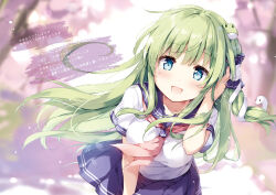 Rule 34 | 1girl, absurdres, blue eyes, blurry, blurry background, blush, breasts, frog hair ornament, green eyes, hair ornament, hair tubes, hand up, highres, kochiya sanae, long hair, looking at viewer, medium breasts, miyase mahiro, open mouth, pleated skirt, school uniform, serafuku, skirt, smile, snake hair ornament, touhou, translation request