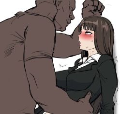 Rule 34 | 1boy, 1girl, blunt bangs, blush, breasts, brown eyes, brown hair, collared shirt, dark-skinned male, dark skin, eye contact, formal, girls und panzer, half-closed eyes, hetero, kisuu, lips, long hair, looking at another, mature female, nishizumi shiho, open mouth, shirt, simple background, suit, sweat, white background
