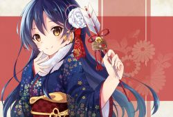 Rule 34 | 10s, 1girl, arrow (projectile), bell, blue hair, blush, brown eyes, floral print, flower, fur trim, hair flower, hair ornament, hamaya, japanese clothes, kanzashi, kimono, long hair, looking at viewer, love live!, love live! school idol festival, love live! school idol project, nonono (nononotea), nononon, obi, sash, sleeves past wrists, smile, solo, sonoda umi, upper body, wide sleeves, yellow eyes