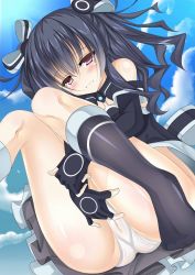 Rule 34 | 10s, 1girl, ahhien, ass, atsuhien, bad id, bad pixiv id, bare shoulders, black dress, black hair, blush, bow, breasts, bridal gauntlets, cloud, dress, female focus, female masturbation, fingering, hair bow, hair ornament, highres, leg hold, legs, long hair, looking at viewer, masturbation, neptune (series), open mouth, panties, red eyes, see-through, shiny clothes, shiny skin, skirt, sky, socks, solo, twintails, underwear, uni (neptunia), upskirt, wavy mouth, white panties