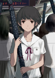 Rule 34 | 1girl, black hair, breasts, brown eyes, closed mouth, collarbone, eyebrows, face, facing viewer, female focus, holding, light smile, looking at viewer, original, outdoors, saiguchi otoufu, school uniform, short hair, small breasts, solo, solo focus, standing, train station, weapon bag
