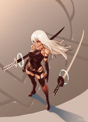 Rule 34 | 1girl, android, bad id, bad tumblr id, black gloves, brown eyes, collarbone, elbow gloves, gloves, long hair, looking at viewer, nier:automata, nier (series), optionaltypo, silver hair, solo, sword, thighhighs, weapon, a2 (nier:automata)