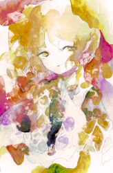 Rule 34 | 1girl, abstract background, arm warmers, blonde hair, highres, horns, mizuhashi parsee, pointy ears, scarf, short hair, single horn, solo, touhou, tsukamoto anabone, yellow eyes