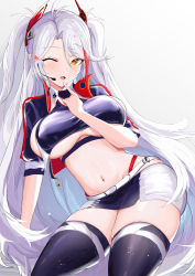 Rule 34 | 1girl, absurdres, anti kumo, azur lane, belt, breasts, clothing cutout, cropped shirt, earpiece, finger to mouth, headgear, heart, highres, jacket, large breasts, long hair, looking at viewer, multicolored hair, official alternate costume, one eye closed, panties, panty straps, prinz eugen (azur lane), prinz eugen (final lap) (azur lane), purple jacket, purple skirt, purple thighhighs, race queen, red hair, red panties, simple background, sitting, skirt, solo, streaked hair, thighhighs, two-tone hair, two-tone skirt, underboob, underboob cutout, underwear, very long hair, white background, white belt, white hair, white skirt, zipper