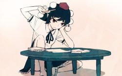 Rule 34 | 1girl, barefoot, black hair, head rest, frown, hat, meimaru inuchiyo, neck ribbon, paper, pencil, pointy ears, pom pom (clothes), red eyes, ribbon, shameimaru aya, short hair, sitting, skirt, solo, table, tokin hat, touhou