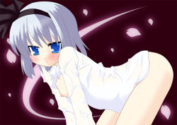 Rule 34 | 1girl, all fours, arched back, bad id, bad pixiv id, black background, blue eyes, blush, bottomless, bow, breast slip, breasts, cherry blossoms, dress shirt, female focus, from side, hair bow, hairband, hujikok, konpaku youmu, long sleeves, looking at viewer, naked shirt, nipples, no bra, one breast out, parted lips, petals, ribbon, see-through, shirt, short hair, silver hair, simple background, small breasts, solo, touhou, wet, wet clothes, wet shirt, white shirt, wing collar