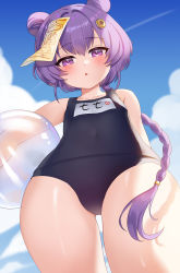 Rule 34 | 1girl, absurdres, alternate hairstyle, bad id, bad pixiv id, ball, beachball, black one-piece swimsuit, blue sky, blurry, braid, braided ponytail, carrying, carrying under arm, cloud, cloudy sky, coin hair ornament, commentary request, covered navel, depth of field, double bun, from below, genshin impact, hair between eyes, hair bun, hair ornament, highres, jiangshi, long hair, looking at viewer, looking down, low ponytail, name tag, ofuda, old school swimsuit, one-piece swimsuit, parted lips, picter, purple eyes, purple hair, qiqi (genshin impact), school swimsuit, sidelocks, single braid, sky, solo, swimsuit, translation request