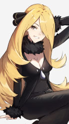 Rule 34 | 1girl, :d, arm at side, black coat, black pants, blonde hair, breasts, brown eyes, cleavage, coat, creatures (company), cynthia (pokemon), ema (kuguiema), eyebrows hidden by hair, fur-trimmed sleeves, fur collar, fur trim, game freak, hair ornament, hair over one eye, highres, long hair, long sleeves, looking at viewer, medium breasts, nintendo, open mouth, pants, parted lips, pokemon, pokemon dppt, simple background, sitting, smile, solo, very long hair, white background