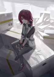 Rule 34 | 1girl, arknights, black footwear, black gloves, box, cardboard box, closed mouth, collarbone, commentary, detached wings, exusiai (arknights), fingerless gloves, full body, gloves, green shirt, grey pantyhose, hair over one eye, halo, highres, jacket, looking at viewer, nekoreito, one eye covered, pantyhose, red hair, shirt, short hair, sitting, smile, solo, symbol-only commentary, white jacket, wings, yellow eyes