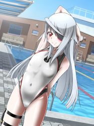 Rule 34 | 1girl, arm up, commentary request, competition swimsuit, covered navel, cowboy shot, day, dutch angle, eyepatch, highres, infinite stratos, laura bodewig, logo, long hair, looking at viewer, one-piece swimsuit, outdoors, pool, pool ladder, red eyes, silver hair, smile, solo, standing, swimsuit, white one-piece swimsuit, yurizuku owl