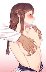 Rule 34 | 1girl, blew andwhite, blush, braid, grabbing another&#039;s breast, breast lift, breasts, brown hair, closed eyes, closed mouth, commentary request, dark-skinned male, dark skin, deep skin, grabbing, grabbing from behind, gradient background, highres, kantai collection, large breasts, long hair, navel, noshiro (kancolle), off shoulder, sidelocks, simple background, solo focus, sweat, wavy mouth