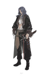 Rule 34 | 1boy, abs, alger wilson, beard, black footwear, black jacket, black pants, blue eyes, blue hair, character name, chinese commentary, commentary request, facial hair, full body, highres, holding, holding sword, holding weapon, jacket, lord of the mysteries, medium hair, mustache, neckerchief, open clothes, open shirt, pants, parted bangs, scholarmeow, shirt, simple background, solo, sword, vial, weapon, white background, white neckerchief, white shirt
