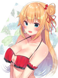 Rule 34 | 1girl, :d, akai haato, akai haato (hololive summer 2019), bare shoulders, bikini, blonde hair, blue eyes, blush, breasts, cleavage, cleavage cutout, clothing cutout, collarbone, commentary request, gyozanuko, hair between eyes, hair bun, hair ornament, hair ribbon, heart, heart-shaped pupils, heart hair ornament, highres, hololive, large breasts, long hair, looking at viewer, official alternate costume, open mouth, red bikini, red ribbon, ribbon, side bun, sidelocks, single hair bun, single side bun, smile, solo, swimsuit, symbol-shaped pupils, upper body, very long hair, virtual youtuber