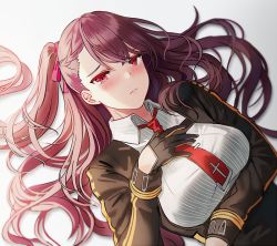 Rule 34 | 1girl, black gloves, blush, breasts, closed mouth, commentary request, framed breasts, girls&#039; frontline, gloves, grey background, hair ribbon, hand on own chest, long hair, long sleeves, medium breasts, necktie, one side up, purple hair, red eyes, red necktie, ribbon, silence girl, simple background, solo, upper body, wa2000 (girls&#039; frontline)