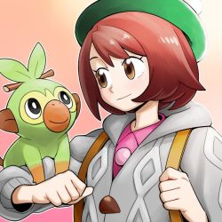 Rule 34 | 1girl, bob cut, bright pupils, brown eyes, brown hair, cardigan, clenched hands, closed mouth, collared dress, creatures (company), dress, dress shirt, eye contact, eyelashes, game freak, gen 8 pokemon, gloria (pokemon), green headwear, grey cardigan, grookey, hands up, hat, holding strap, long sleeves, looking at another, nintendo, nutkingcall, outline, pink background, pink shirt, pokemon, pokemon (creature), pokemon on arm, pokemon swsh, shirt, short hair, simple background, smile, tam o&#039; shanter, upper body, white outline, white pupils