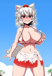 Rule 34 | 1girl, alternate costume, animal ear fluff, animal ears, areola slip, bikini, bikini pull, blue background, blue sky, blush, breasts, clenched teeth, clothes pull, cloud, collarbone, cowboy shot, formicid, hair between eyes, hat, highres, huge breasts, inubashiri momiji, jaggy lines, leaf print, maple leaf print, mole, mole on breast, navel, outdoors, outline, palm tree, pulling own clothes, red eyes, red hat, see-through, see-through skirt, sharp teeth, short hair, simple background, skirt, sky, solo, sweat, swimsuit, tail, teeth, tokin hat, touhou, tree, white bikini, white hair, white outline, white skirt, wolf ears, wolf girl, wolf tail