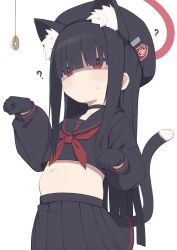 Rule 34 | 1girl, ?, animal ear fluff, animal ears, beret, black choker, black gloves, black hair, black hat, black serafuku, black skirt, blue archive, blunt bangs, blunt ends, cat ears, cat tail, choker, closed mouth, coin, coin on string, commentary, cowboy shot, crop top, dot mouth, expressionless, gamuo, gloves, hat, justice task force member (blue archive), kemonomimi mode, long bangs, long hair, long sleeves, looking ahead, midriff, navel, neckerchief, paw pose, plump, red eyes, red neckerchief, school uniform, serafuku, simple background, skirt, solo, stomach, sweatdrop, tail, white background