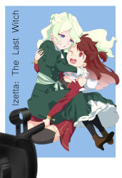 Rule 34 | 2girls, ;d, alternate costume, blue eyes, brown hair, cosplay, dress, green dress, green hair, high heels, highres, hug, izetta, izetta (cosplay), light green hair, little witch academia, long dress, looking at another, medium hair, mochirou (giri choco inverse), multicolored hair, multiple girls, one eye closed, open mouth, ortfine fredericka von eylstadt, ortfine fredericka von eylstadt (cosplay), pantyhose, red dress, red eyes, riding, side ponytail, smile, thighhighs, two-tone hair