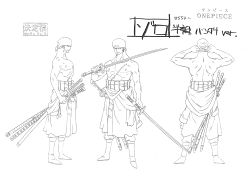 Rule 34 | 1boy, absurdres, character sheet, highres, holding, holding sword, holding weapon, japanese clothes, katana, monochrome, muscular, official art, one piece, pectorals, roronoa zoro, scan, scar, scar across eye, short hair, simple background, sword, translation request, weapon