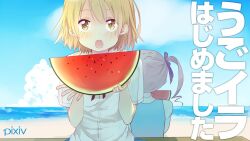 Rule 34 | 2girls, animated, beach, blinking, blonde hair, closed eyes, day, food, fruit, highres, holding, holding food, holding fruit, holding watermelon, japanese text, logo, multiple girls, ocean, pixiv, pixiv jimukyoku, translation request, ugoira conversion, video, watermelon, yellow eyes