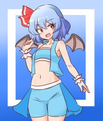 Rule 34 | 1girl, alternate costume, bat wings, blue background, blue hair, blue shorts, blue vest, bright pupils, commentary request, commission, fang, gradient background, hair ribbon, looking at viewer, mizusoba, navel, open mouth, race queen, red eyes, red ribbon, remilia scarlet, ribbon, short hair, shorts, skeb commission, skin fang, solo, touhou, vest, white pupils, wings