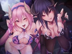 Rule 34 | 2girls, all fours, artist name, breasts, bridal gauntlets, cameltoe, cleavage, collar, demon girl, fingernails, fishnets, hairband, highres, horns, large breasts, long fingernails, looking at viewer, multiple girls, nail polish, original, pantyhose, pink eyes, pink hair, purple hair, rebe11, skindentation, demon girl, tail, tattoo, thighhighs, tongue, tongue out, wings