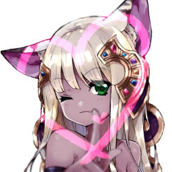 Rule 34 | 1girl, animal ear fluff, animal ears, bastet (p&amp;d), blonde hair, blurry, blurry foreground, blush, cat ears, closed mouth, collarbone, dark-skinned female, dark skin, depth of field, fang, fang out, green eyes, hair between eyes, head tilt, headgear, heart, long hair, one eye closed, pikomarie, portrait, puzzle &amp; dragons, simple background, solo, upper body, very long hair, white background