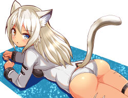 Rule 34 | 1girl, animal ears, arm support, ass, blue eyes, blush, body markings, cat ears, cat girl, cat tail, commentary, cougar (cougar1404), cropped jacket, cut cat, heterochromia, jacket, long hair, long sleeves, looking at viewer, looking back, lying, no pants, on stomach, panties, parted lips, shadow, shirt, silui (cougar1404), solo, tail, tan, thigh strap, tiger stripes, underwear, wedgie, white jacket, white panties, white shirt, yellow eyes
