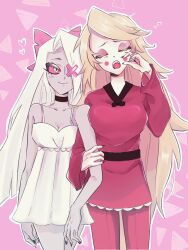 Rule 34 | 2girls, blonde hair, bow, charlie morningstar, circle facial mark, colored sclera, colored skin, couple, fangs, grey hair, grey skin, hair bow, hazbin hotel, highres, holding another&#039;s arm, long hair, messy hair, multiple girls, nightgown, open mouth, pajamas, pink background, pink sclera, red pajamas, sinnara pedall, smile, vaggie, very long hair, white nightgown, white skin, yawning, yellow eyes, yuri