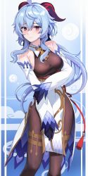 Rule 34 | 1girl, absurdres, bare shoulders, bell, blue hair, bodystocking, bodysuit, breasts, detached sleeves, dress, ganyu (genshin impact), genshin impact, halterneck, highres, holding own arm, horns, lessone, looking at viewer, medium breasts, neck bell, nervous smile, purple eyes, side slit, smile, solo, thighs