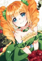 Rule 34 | 1girl, absurdres, bead necklace, beads, blue eyes, blurry, blurry background, blurry foreground, bouquet, collarbone, commentary, detached sleeves, dot nose, dress, drill hair, flower, frilled dress, frills, from above, green dress, green scrunchie, highres, holding, holding bouquet, idolmaster, idolmaster (classic), jewelry, light blush, looking up, medium hair, mou niu, necklace, orange hair, puffy detached sleeves, puffy sleeves, red flower, red rose, rose, scrunchie, smile, solo, strapless, strapless dress, symbol-only commentary, takatsuki yayoi, twintails