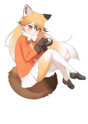 Rule 34 | 10s, 1girl, :o, animal ears, black gloves, blonde hair, controller, extra ears, ezo red fox (kemono friends), fox ears, fox tail, full body, game controller, gloves, gradient hair, highres, holding, kemono friends, kita kitsune, leggings, loafers, long hair, long sleeves, multicolored hair, necktie, official art, pantyhose, pleated skirt, shoes, simple background, skirt, solo, tail, tsurime, white background, yellow eyes, yoshizaki mine